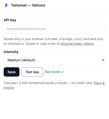 ToHuman extension options page with the API key field, intensity selector and a Test key button